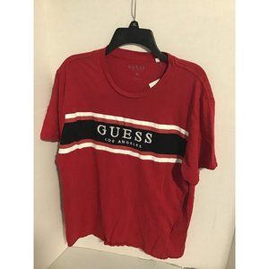 GUESS WOMEN T-SHIRT RED SHORT SLEEVE RINGER TEE LOS ANGELES LOGO CASUAL PULLOVER